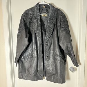 VTG Leather Trench Coat Womens XL Midi Length Outbrook Embossed Leather Jacket